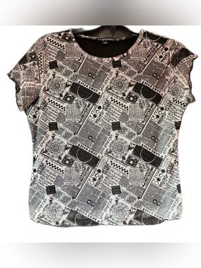 Harper & Ivy Newspaper Print Mesh Baby Tee Top Black White Y2K Grunge L